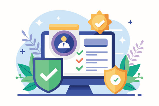 A flat illustration of an online profile with checkmarks and shields, representing secure and verified information, Verified Customizable Flat Illustration