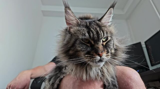 Angry looking main coon lying on his master legs, close up view