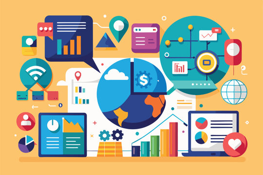 A colorful illustration depicting data analytics, global reach, and business growth, Visual data Customizable Disproportionate Illustration
