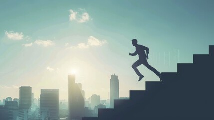 A silhouette of a man running up the stairs against a city skyline at sunrise, symbolizing ambition and progress