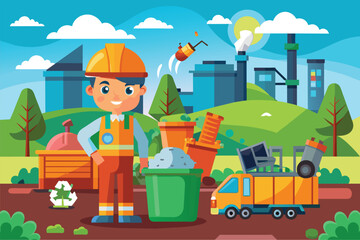 A cartoon illustration depicting a happy waste management worker standing with a green trash can in front of a factory, Waste management Customizable Cartoon Illustration