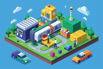 A colorful isometric illustration depicting a modern waste management facility with sorting machines, trucks, and workers, Waste management Customizable Isometric Illustration