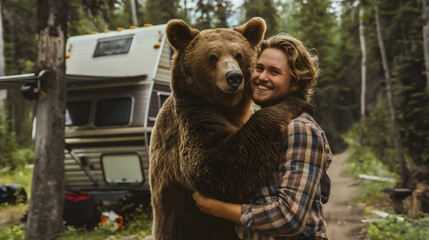 Adult man hugging brown bear animal in forest nature wilderness. Summer wildlife outdoors adventure, camping friendship, dangerous grizzly