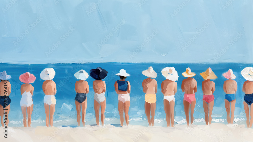 Wall mural impressionist painting of a group of people in swimsuits and wide-brimmed hats, standing in a line o