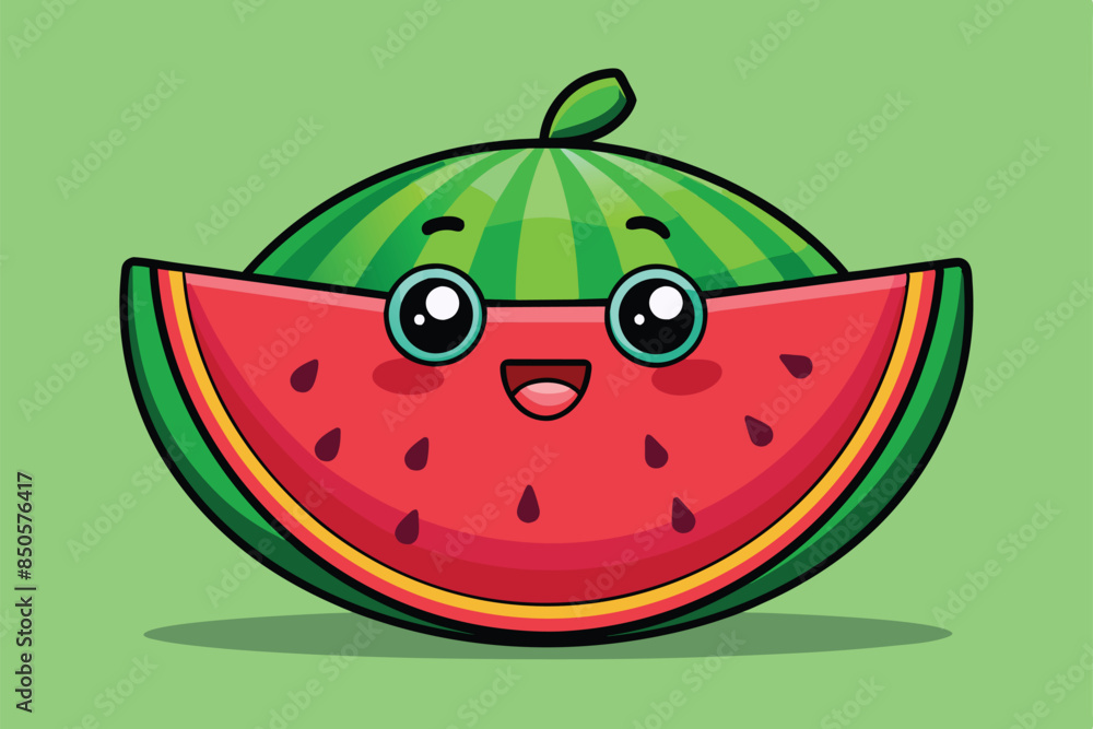 Sticker a cute cartoon watermelon with big eyes and a smile is depicted next to a sliced watermelon, waterme