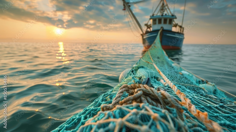 Aufkleber a boat sailing on calm waters with an ecofriendly fishing net extended behind it emphasizing its sus