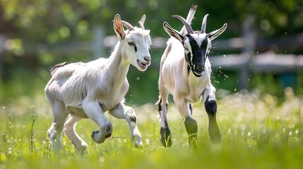 Obraz premium Two goat in the green fields together playing