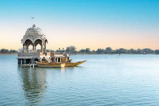 Gadsisar Sagar Lake with historic buildings to store rainwater and ensure a steady water supply for the city of Jaisalmer