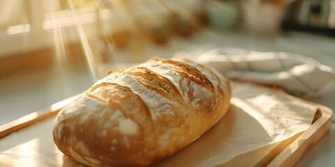 Golden crust on freshly baked glutenfree bread in cozy kitchen light. Concept Gluten-Free Baking, Homemade Bread, Cozy Kitchen, Golden Crust, Freshly Baked