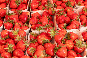 detail of strawberries in a box selling at the farmers market