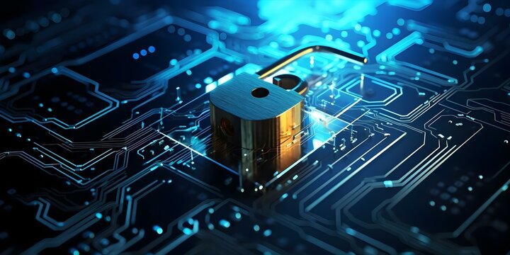 Digital trust assurance through abstract lock on motherboard for secure network transactions. Concept Cybersecurity, Data Protection, Digital Privacy, Online Transactions, Network Security