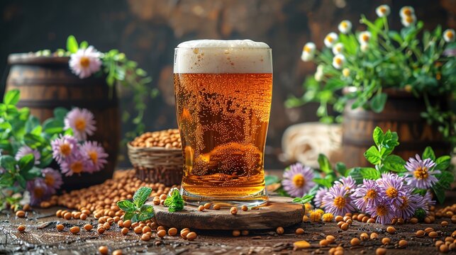 Beer with hops and grains Beer glass surrounded by fresh hops and malt grains