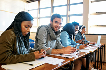 University, phone and man portrait in classroom with internet, research or online exam results. Education, tech or gen z people with smartphone, app and college student tutor, survey or sign up