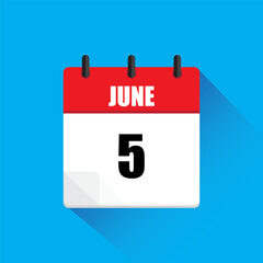 Vector calendar icon. June fifth date. Red and white colors. Blue background.