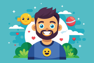 Fototapeta premium Cartoon illustration of a man celebrating World Emoji Day, World emoji day Customizable Cartoon Illustration