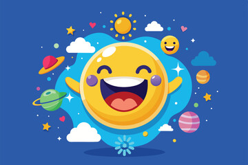 Fototapeta premium A fun illustration of a smiling emoji with a blue background and stars for World Emoji Day, World emoji day Customizable Semi Flat Illustration