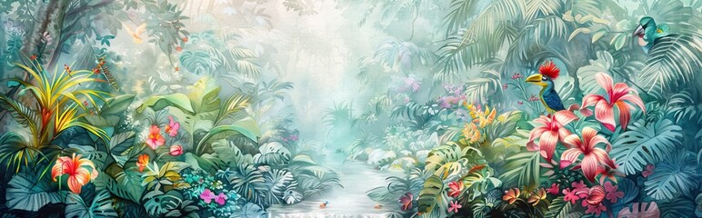 Modern abstract art. Watercolor floral illustration. Golden elements, watercolor painting, children's wallpaper. Hand drawn plants. Tropical, flowers. leaf. AI generated illustration