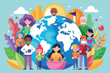 Illustration of a diverse group of people standing around the globe, celebrating World Population Day, World population day Customizable Flat Illustration