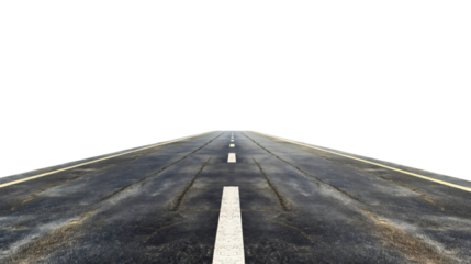 Asphalt road street with white lines isolated on transparent background. Highway motorway travel or trip, empty, straight long speedway perspective, forward into infinity