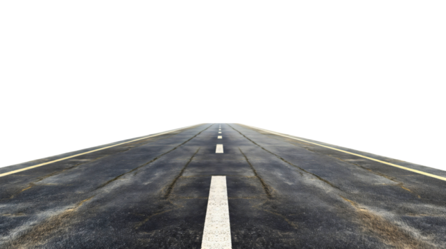 Asphalt road street with white lines isolated on transparent background. Highway motorway travel or trip, empty, straight long speedway perspective, forward into infinity