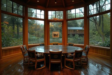 AI-generated illustration of a conference room with large windows and a forest view