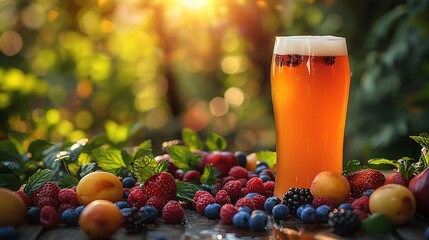 Beer with fruit Beer glass with an assortment of fresh fruit surrounding it