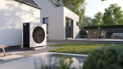 High-resolution image of an air source heat pump being installed outside a modern, newly built residential home, showcasing its sleek design and advanced technology