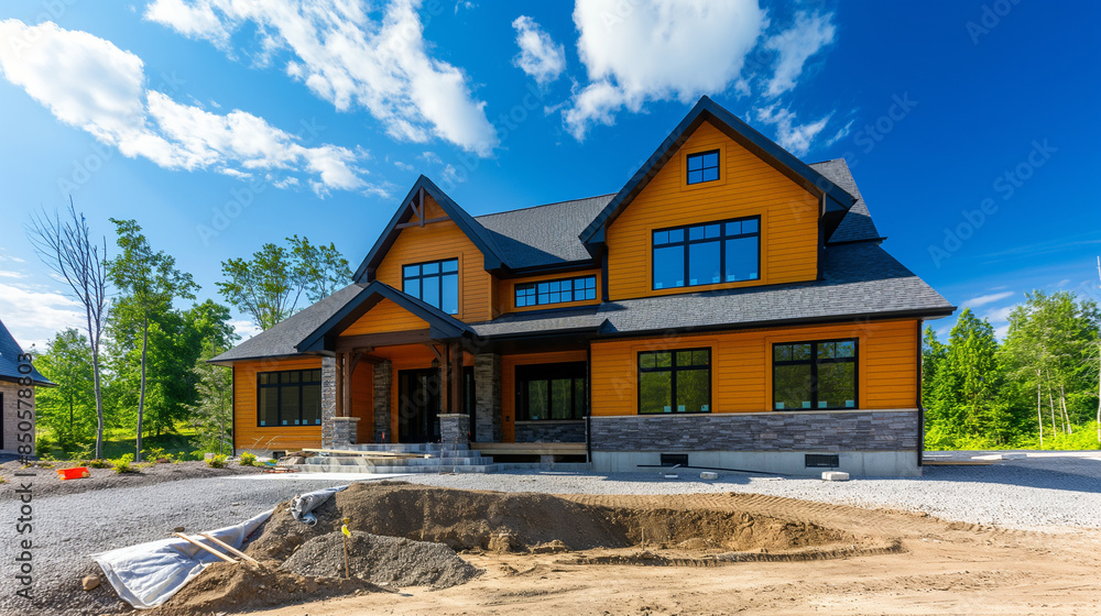Poster vivid, sharp image of a newly constructed residential home with an air source heat pump installation