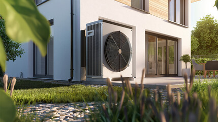 Close-up of an air source heat pump installed on the exterior wall of a newly built home, highlighting its technological features
