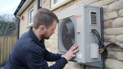 Close-up of a technician securing an air source heat pump outside a newly constructed house, focusing on the precision of the work