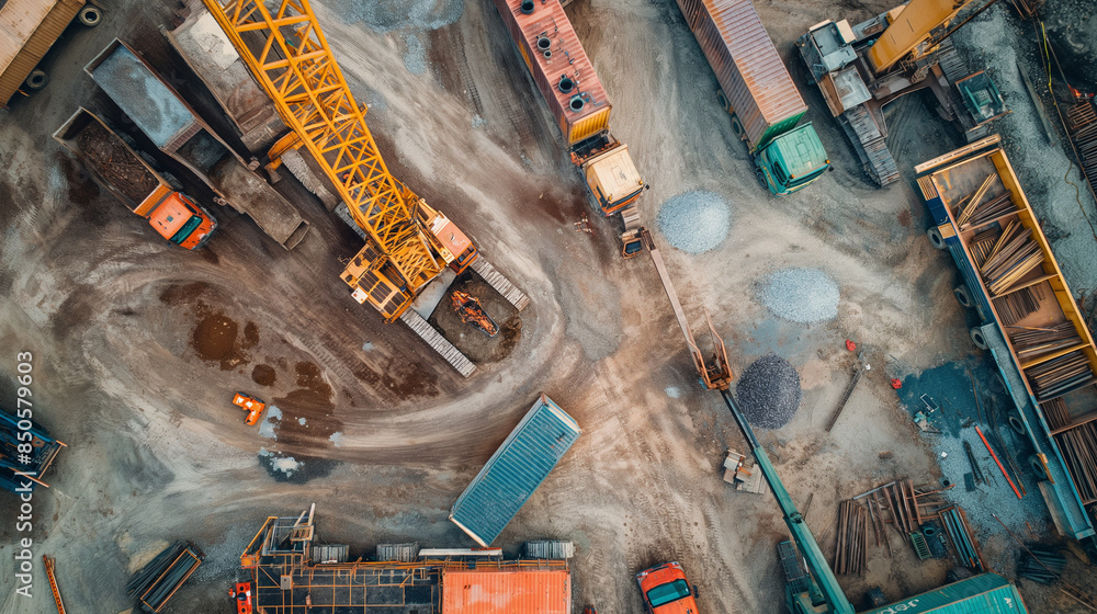 Poster wide shot of multiple crane trucks transporting and placing container site offices at different poin