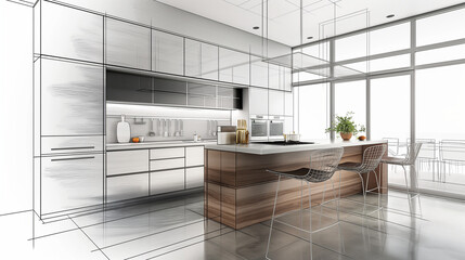 A stylish kitchen interior blending a photo of sleek, modern cabinets with a sketch of minimalist bar stools and a chic island centerpiece