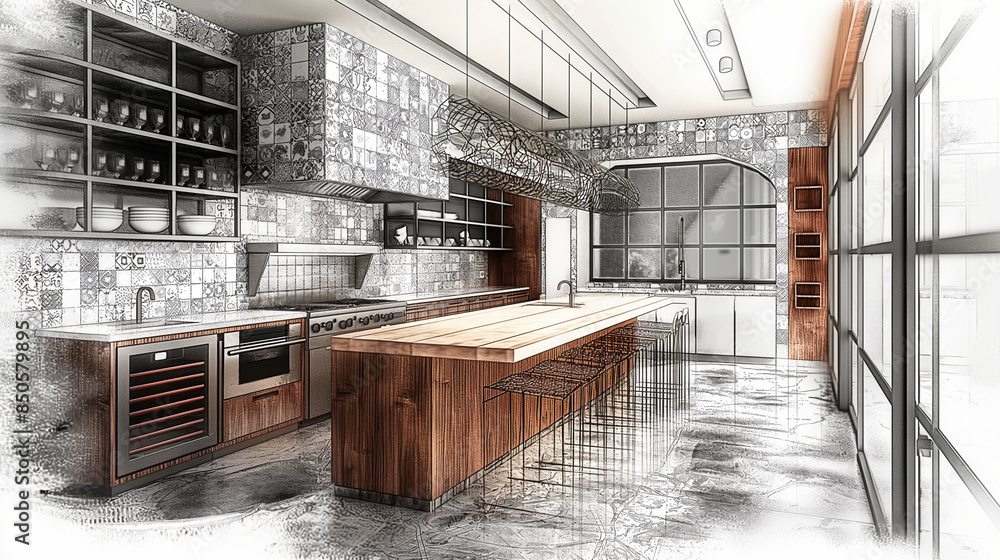 Poster a visually striking combination of a photo showing a state-of-the-art kitchen with sketch details of