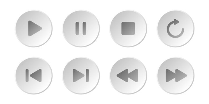 White and gray play button icons on transparent background. Neumorphism style.