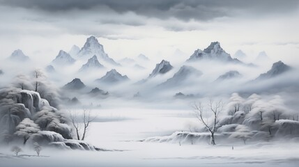 Obraz premium Snow-Capped Mountains and Frosty Trees - Chinese Brush Painting