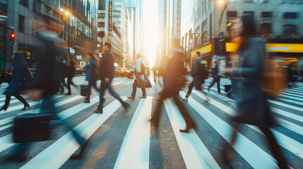 Blurred Crowd of unrecognizable business people walking on Zebra crossing in rush hour working day, blur business and people