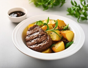 Wagyu steak and roasted potato Salad with steak sauce