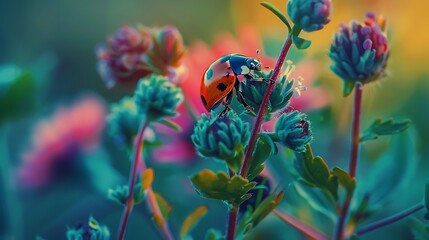 Colorful ladybug on flower ladybird creeps on stem of plant in spring in garden in summer
