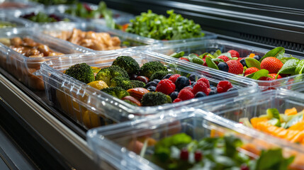 A refrigerator showcasing rows of lunch boxes, each compartment filled with balanced meals: leafy green salads, grilled chicken strips, and fresh berries