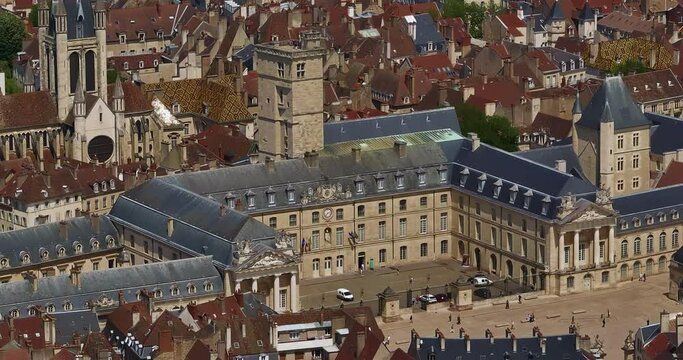 Aerial view around the town Dijon. Flight through the historic center of Dijon, the capital of Burgundy. Ancient hotels of the Middle Ages have been preserved to this day. French culture