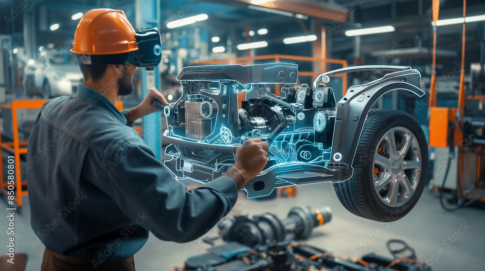 Poster an augmented reality view of a virtual mechanic guiding through the steps of an ev motor assembly, w
