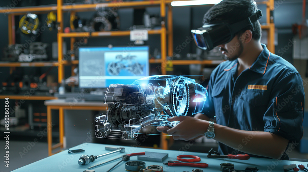 Poster an augmented reality view of a virtual mechanic guiding through the steps of an ev motor assembly, w