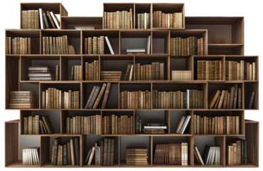 Wooden bookshelf full of books isolated on transparent background. Home house interior decor bookcase furniture object, domestic arrangement, education, reading, vintage, many, collection