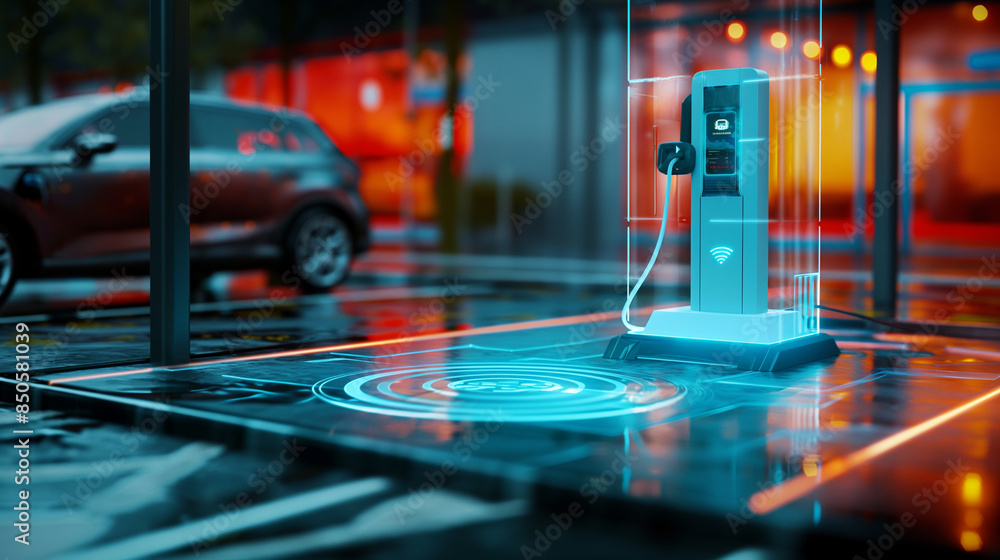 Aufkleber an interactive hologram of an ev charging port, demonstrating wireless charging capabilities and eff