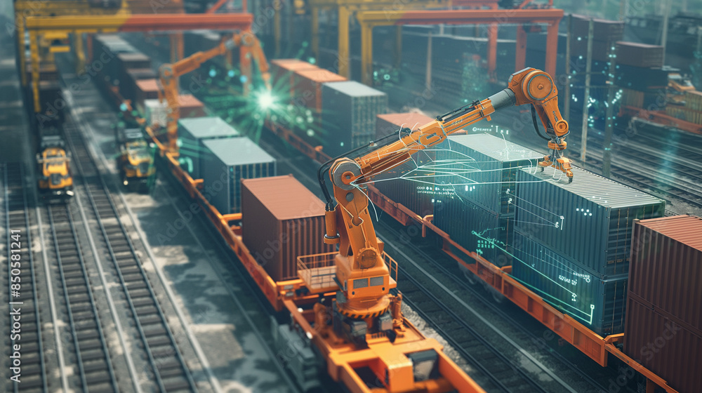 Poster an augmented reality simulation of ai-guided robotic arms loading shipping containers onto freight t