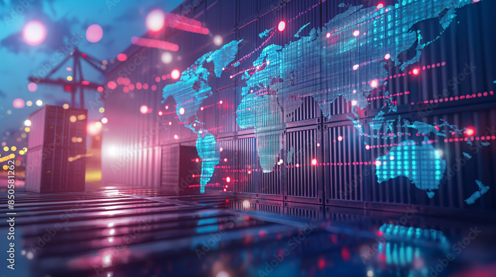 Poster futuristic ai logistics management: advanced technology orchestrating global supply chains on a digi
