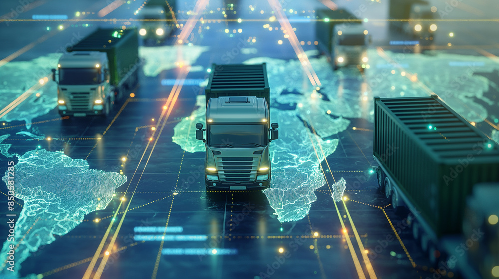 Aufkleber a 3d-rendered visualization of ai-controlled autonomous vehicles transporting goods across continent