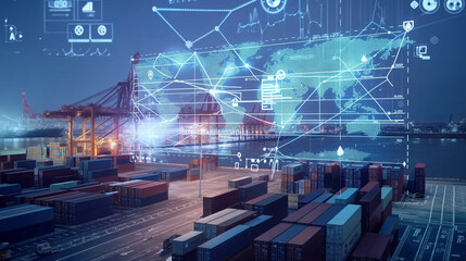 A futuristic command center display showing AI-driven predictive analytics for efficient container loading and unloading at major ports worldwide