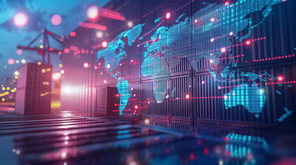 Fototapeta premium Futuristic AI logistics management: Advanced technology orchestrating global supply chains on a digital world map, streamlining export-import operations.