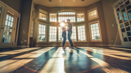 A young couple stands in their new home, embracing each other as sunlight streams through the large windows